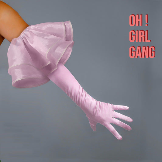 Light Pink Ruffle Satin Opera Gloves ( Magenta Pink, Red, Black, White )