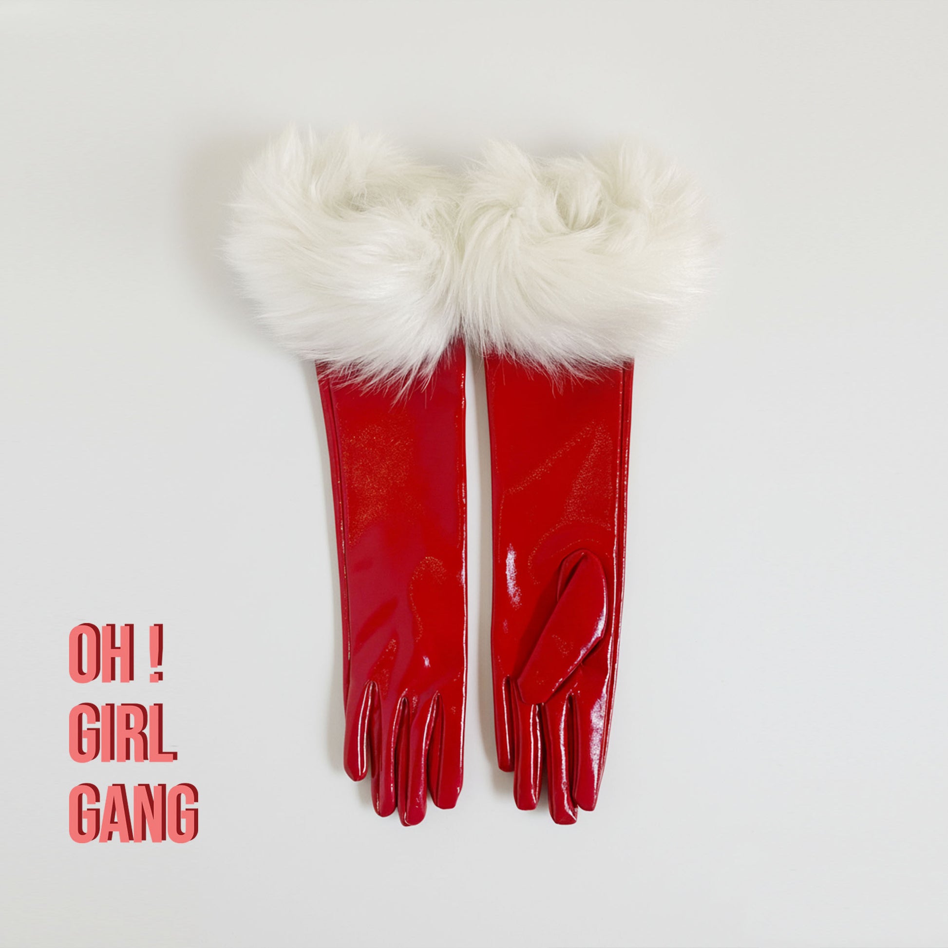 Santa Red Patent Faux Leather Gloves with White Fur Cuffs – Elbow-Length Christmas Costume, Festive Holiday Party, Mrs. Claus Cosplay - Oh Girl Gang