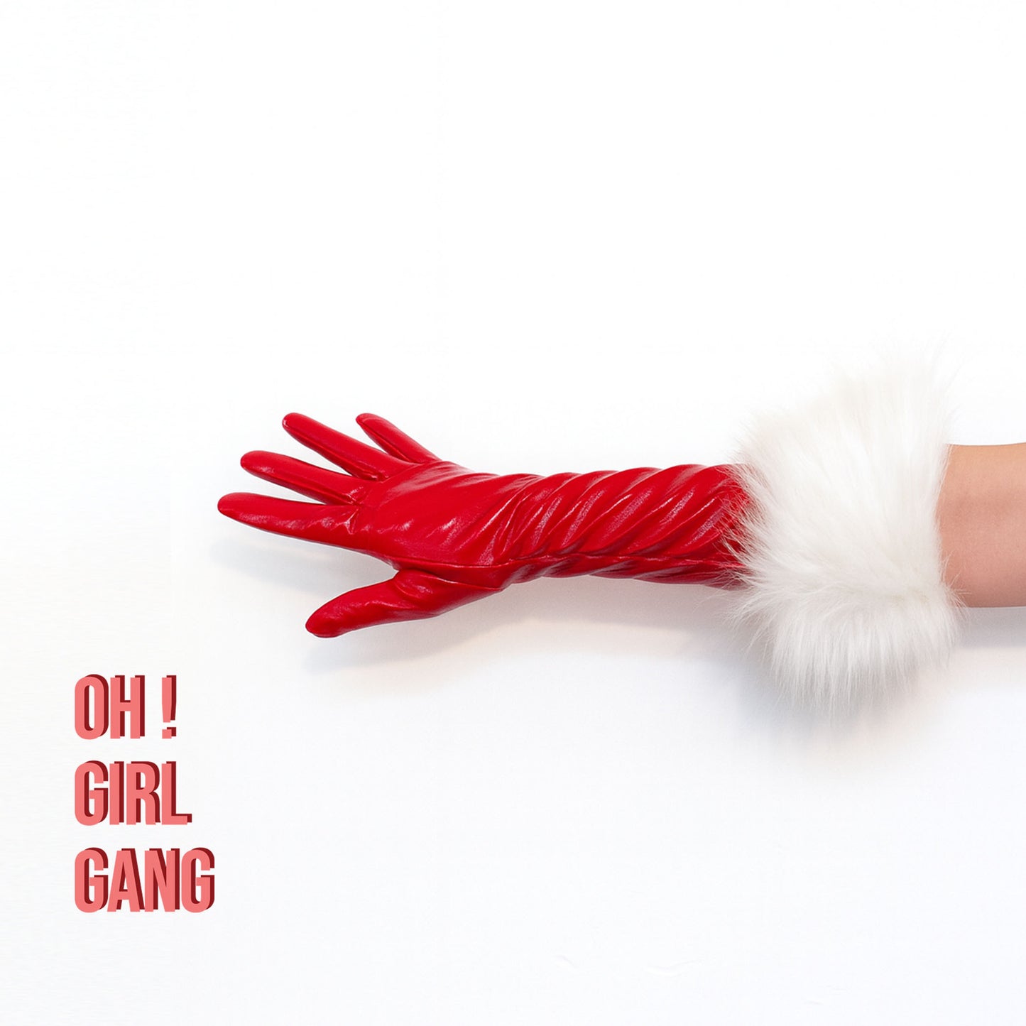 Santa Red Patent Faux Leather Gloves with White Fur Cuffs – Elbow-Length Christmas Costume, Festive Holiday Party, Mrs. Claus Cosplay - Oh Girl Gang