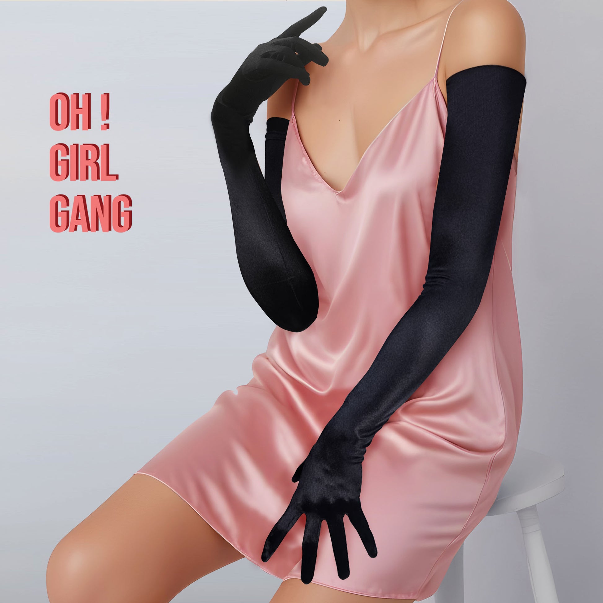 Black Pink Silk Satin Opera Gloves(70cm)