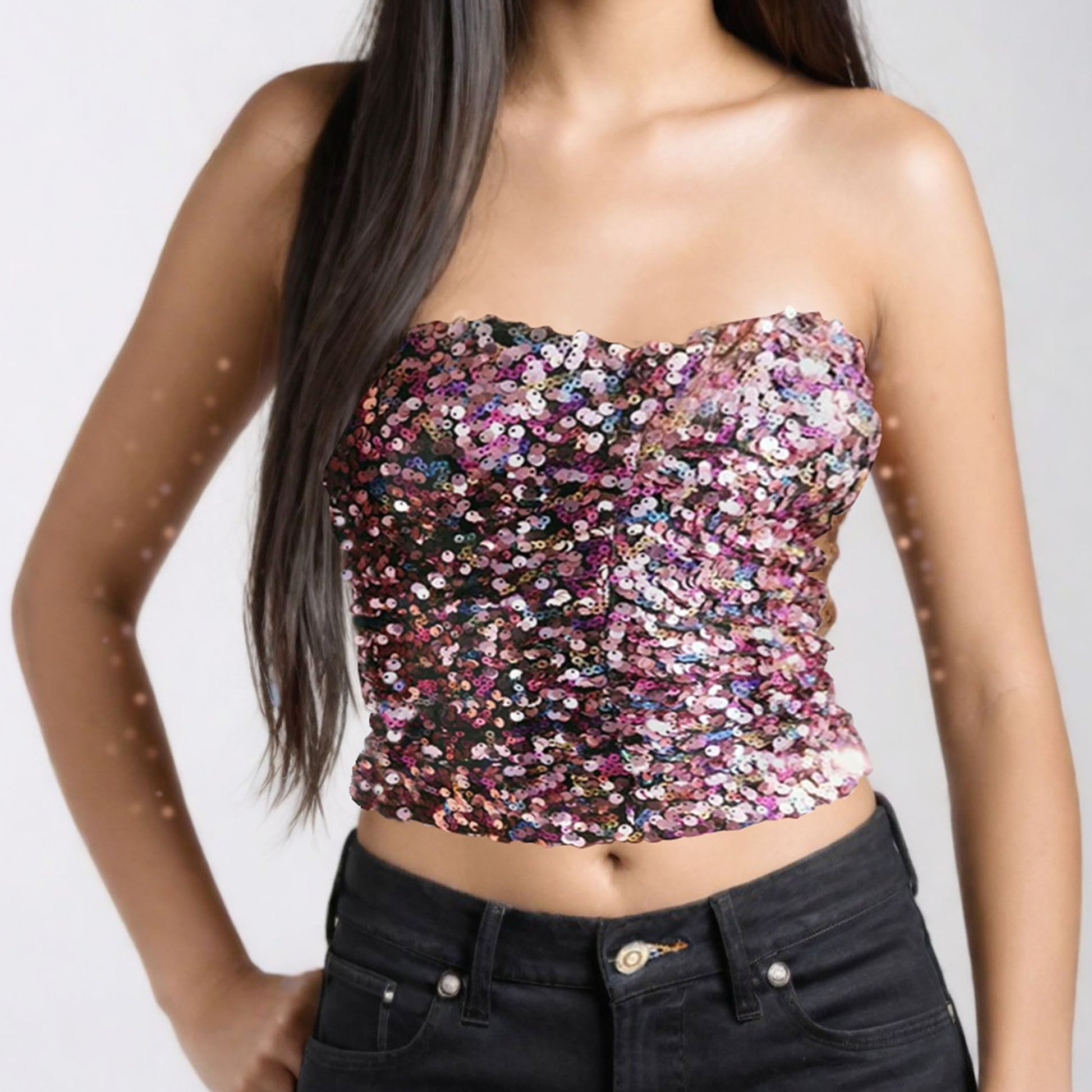 Multi-color Sequin Crop Top Corset, Pink Sequin Elastic Bustier, Party Costume, Bachelorette Party outfits, Sparkling bling bling top
