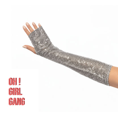 Half Finger Sequin Opera Gloves: Silver & Red Satin, Drag, Party Costume, Sparkling Gloves