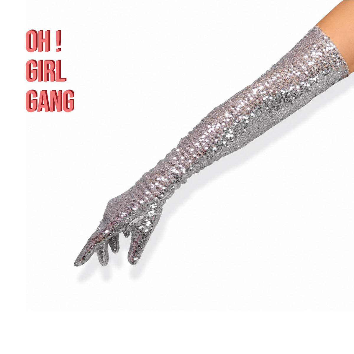 Half Finger Sequin Opera Gloves: Silver & Red Satin, Drag, Party Costume, Sparkling Gloves