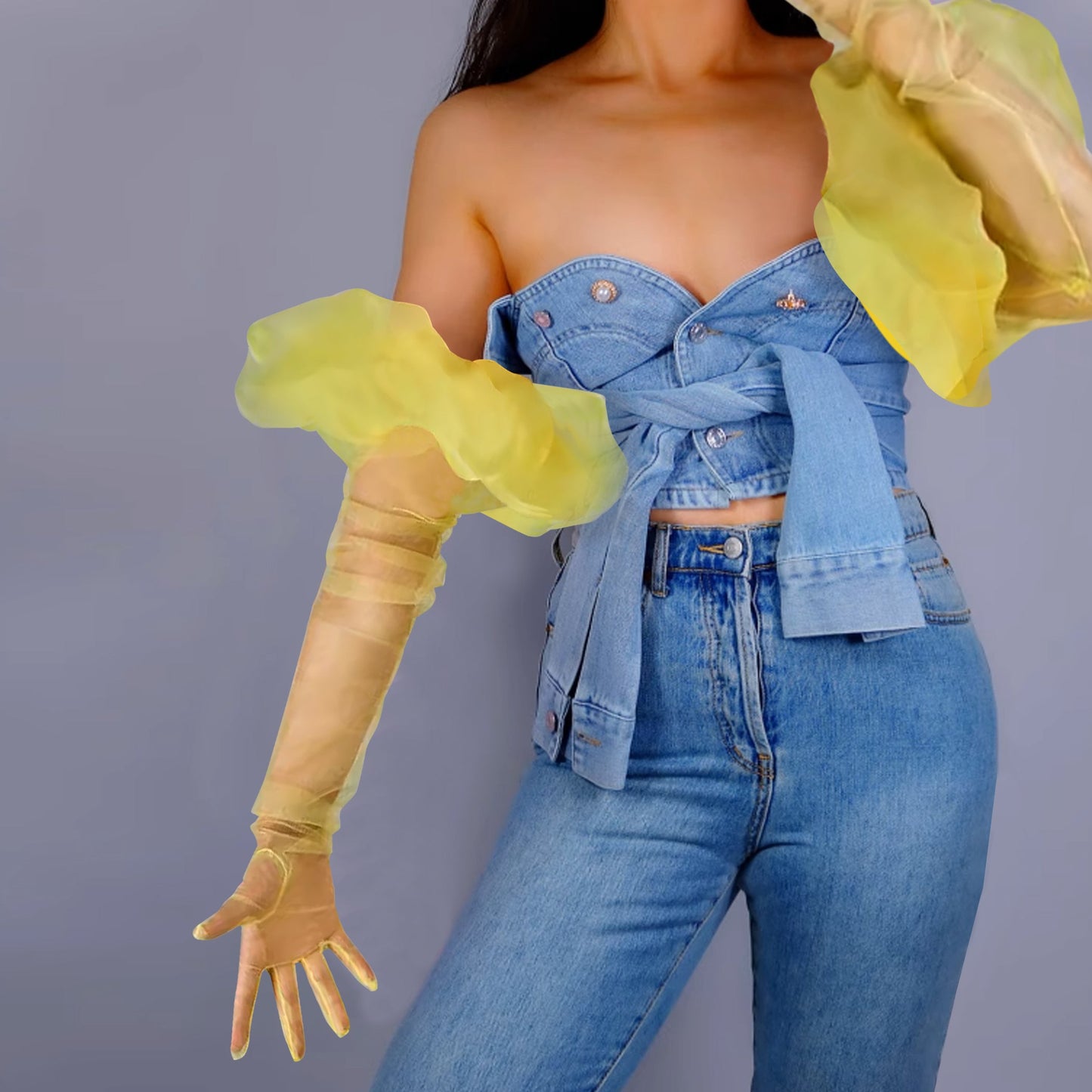 New color Original! Yellow Lace Long Gloves with Puff Tulle (90cm)
