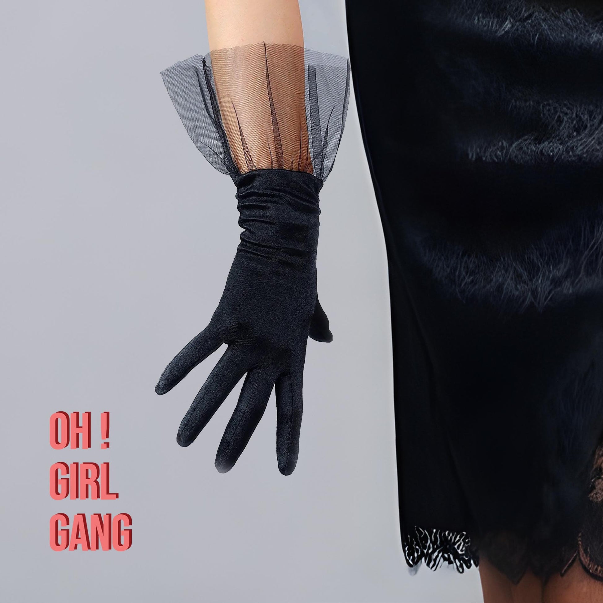 Satin Short Gloves with Tulle Ruffles, Black, White Party gloves, Tea party, bridesmaids, Bridal Shower Gloves, Evening gloves