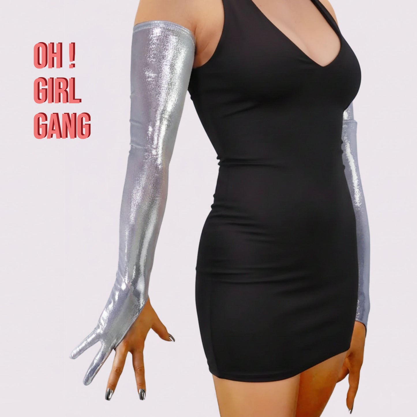 Silver Stretch Spandex Opera Gloves – Silver Two-Finger Futuristic Rave Gloves for Festivals, Clubwear, Cosplay & Performance Outfits - Oh Girl Gang