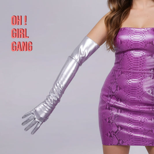 Silver Opera Gloves – PU Leather Long Costume Gloves (70cm & 60cm) | Patent Leather Elbow-Length Party Gloves | Steampunk, Festival, Rave & Cyber Fashion