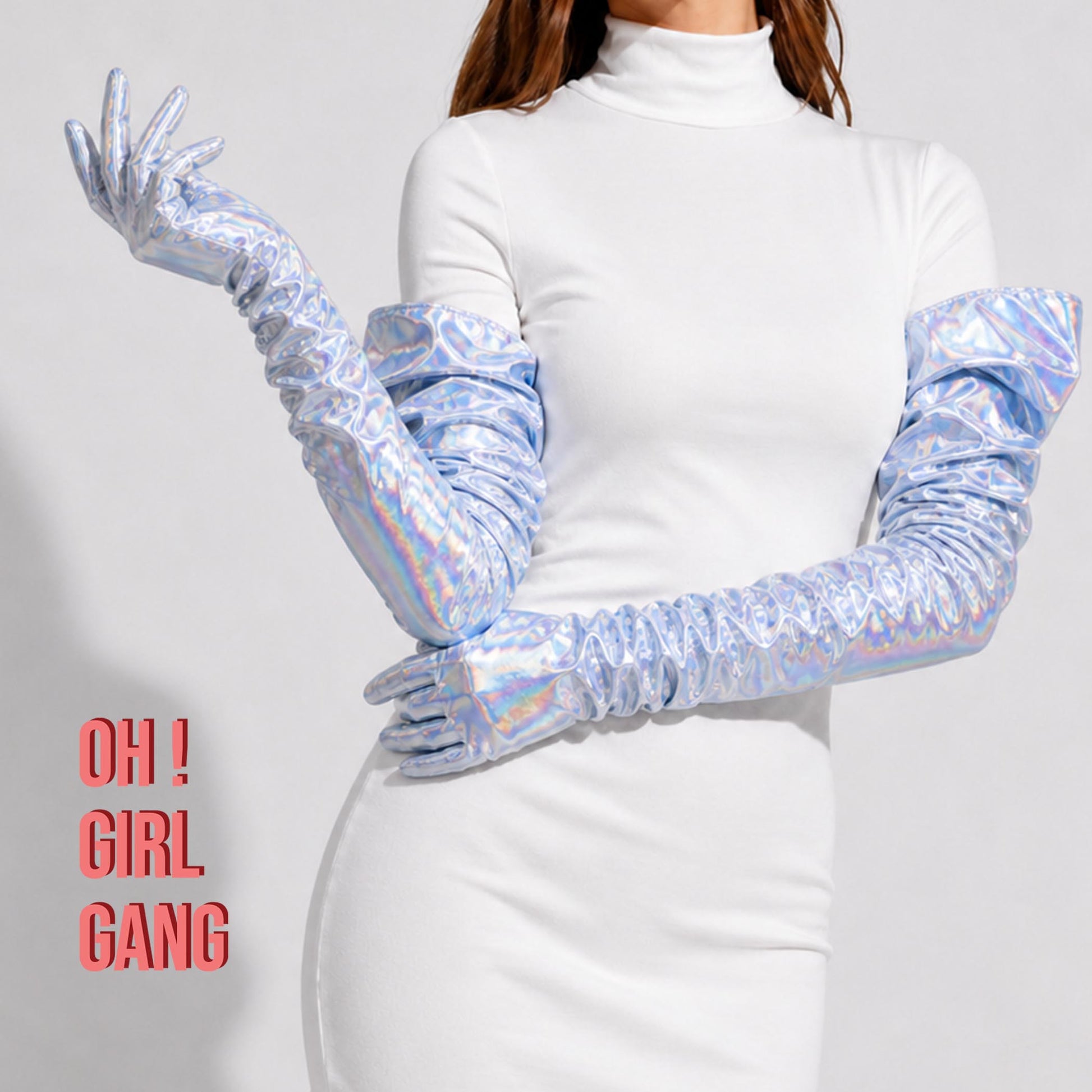 100cm Puffy Holographic Silver Shiny Faux Leather Gloves: Cyber Silver Costume Gloves, More Colors Available