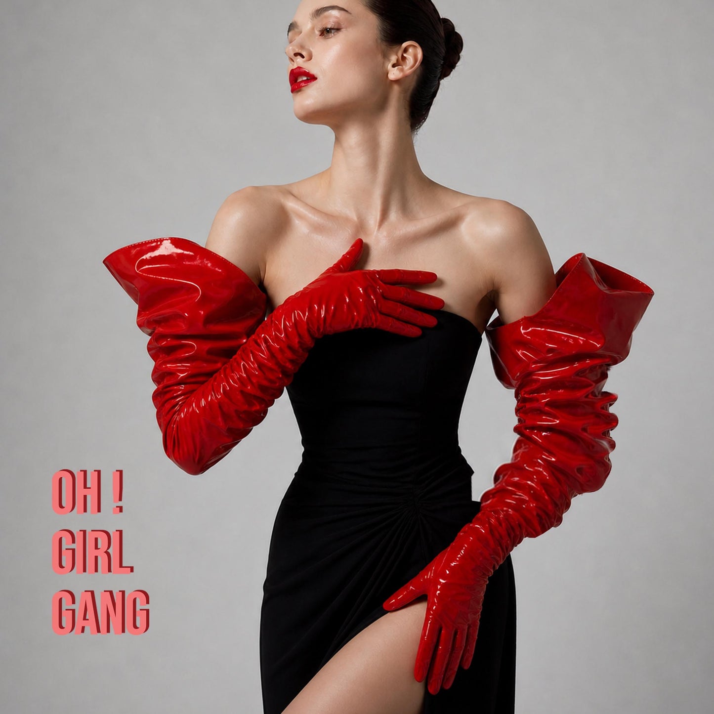 Red shiny faux leather wide sleeves Gloves, Space Age party: Puffy full length gloves (100cm)
