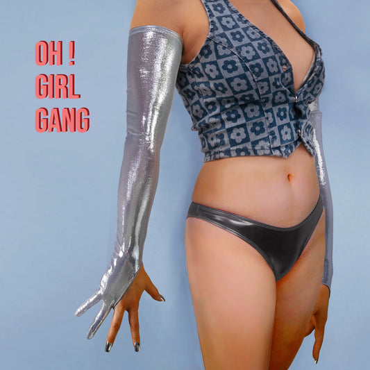 Silver Spandex Long Opera Gloves ( 2 Fingers )