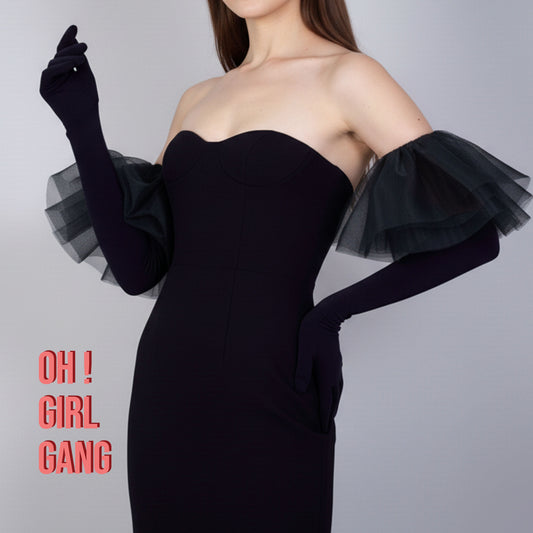 Black Tulle Ruffles Velvet Opera Gloves