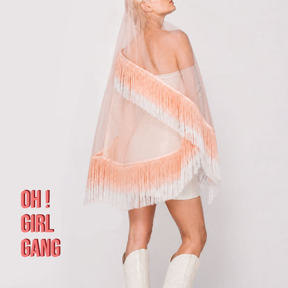 Peach Gradient Bohemian Fringe Bridal Veil, Tulle Tassel Wedding Veil, Colorful Bridal Veil, Custom Made Veil, Hair Comb Option