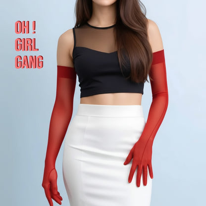 Red Mesh Opera gloves with back lining (70cm) Stretchy high elastic fishnet gloves (Touch screen)