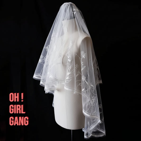 Flower Embroidered Bridal Veil – Two-Tier Tulle Wedding Veil (180cm)