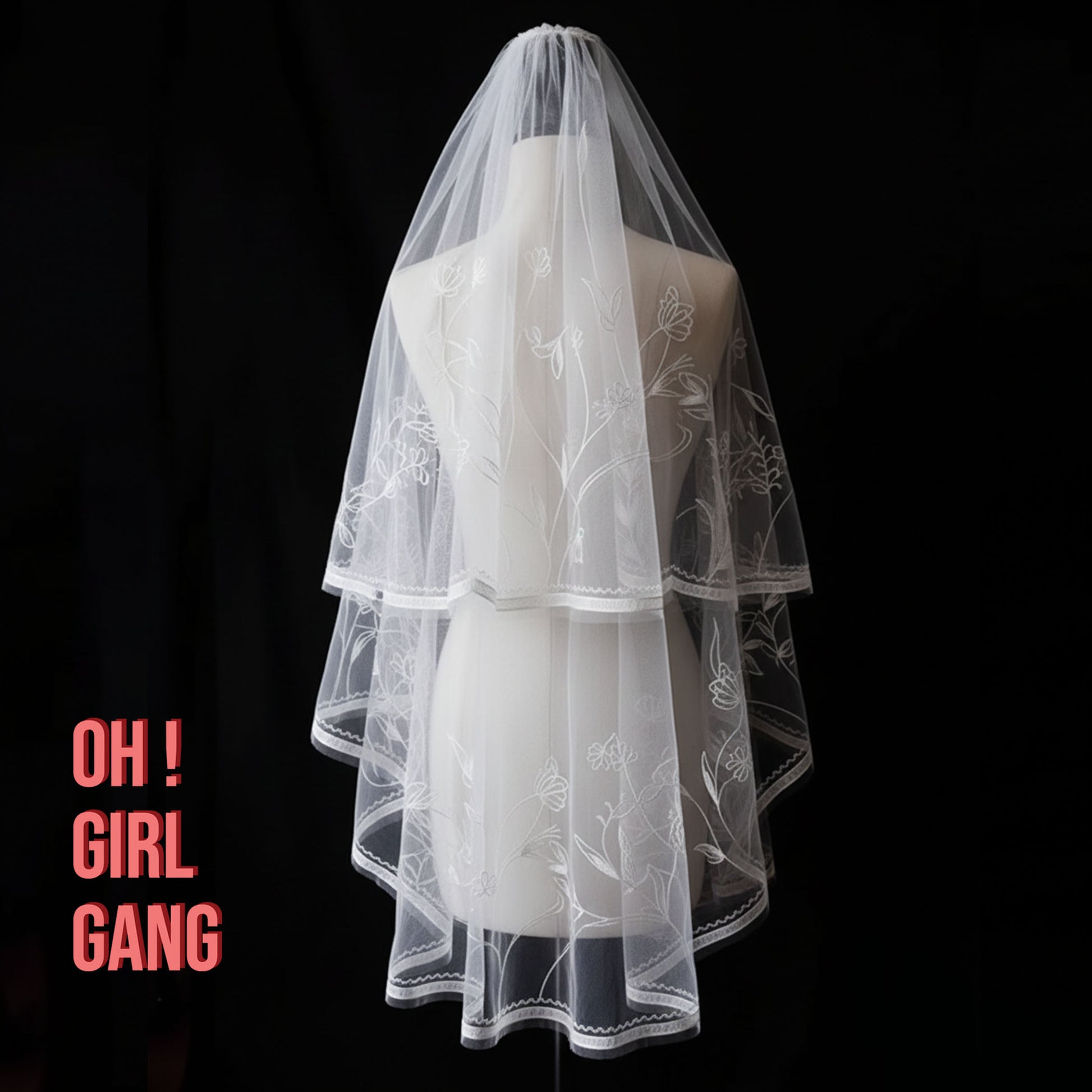 Flower Embroidered Bridal Veil – Two-Tier Tulle Wedding Veil (180cm)