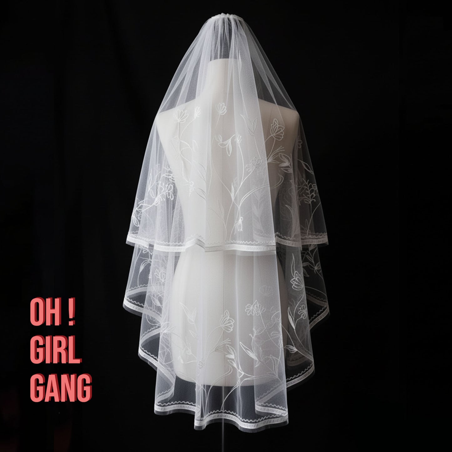 Flower Embroidered Bridal Veil – Two-Tier Tulle Wedding Veil (180cm)