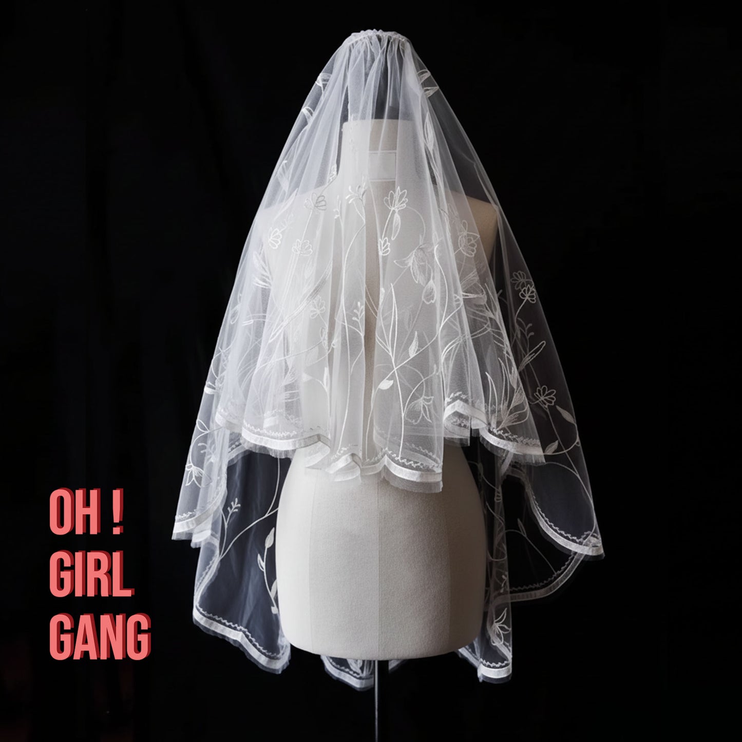 Flower Embroidered Bridal Veil – Two-Tier Tulle Wedding Veil (180cm)