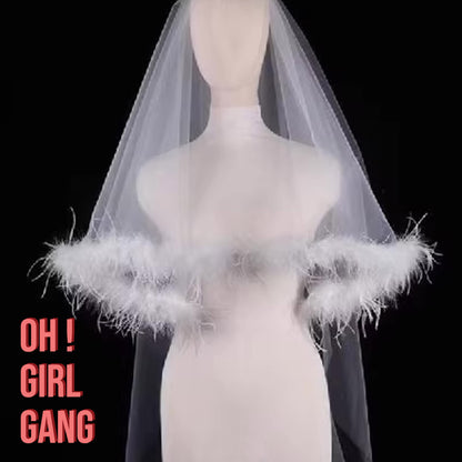 Feather Veils Very Boho: Long Chic Wedding Veils, Floor Length Veil, Fine feather Long Veils, Bridal Bachelorette Party Veils