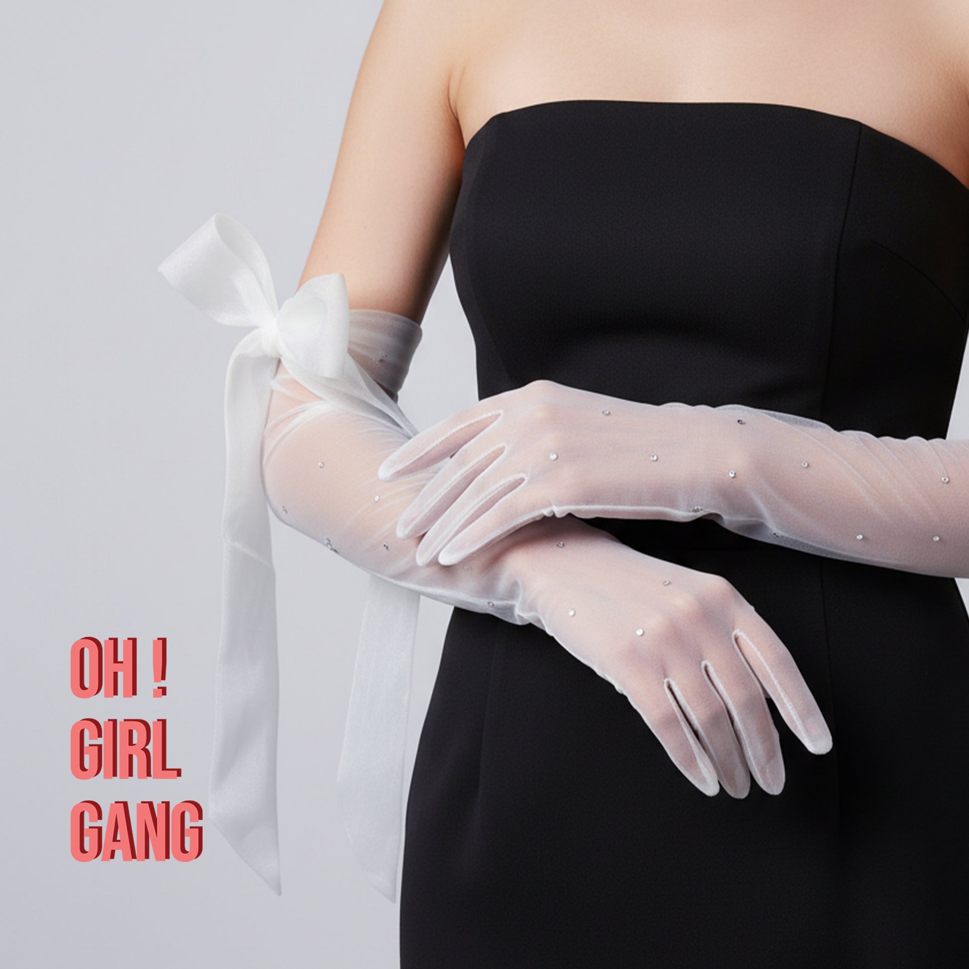 Bridal Sheer Opera Gloves with Crystal Details & Organza Bow – 66cm Long