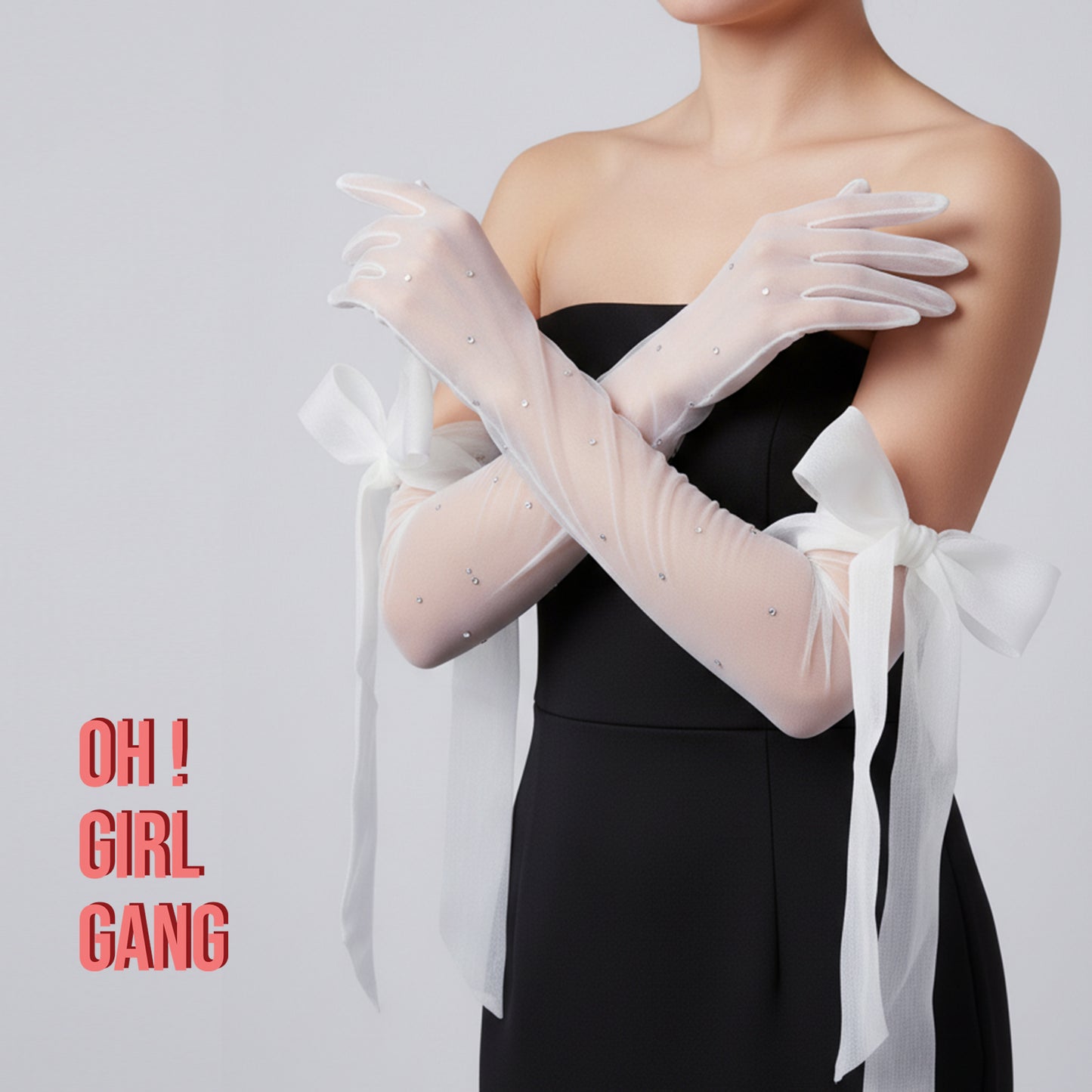 Bridal Sheer Opera Gloves with Crystal Details & Organza Bow – 66cm Long