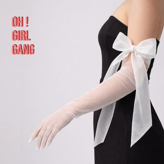 Bridal Sheer Opera Gloves with Crystal Details & Organza Bow – 66cm Long