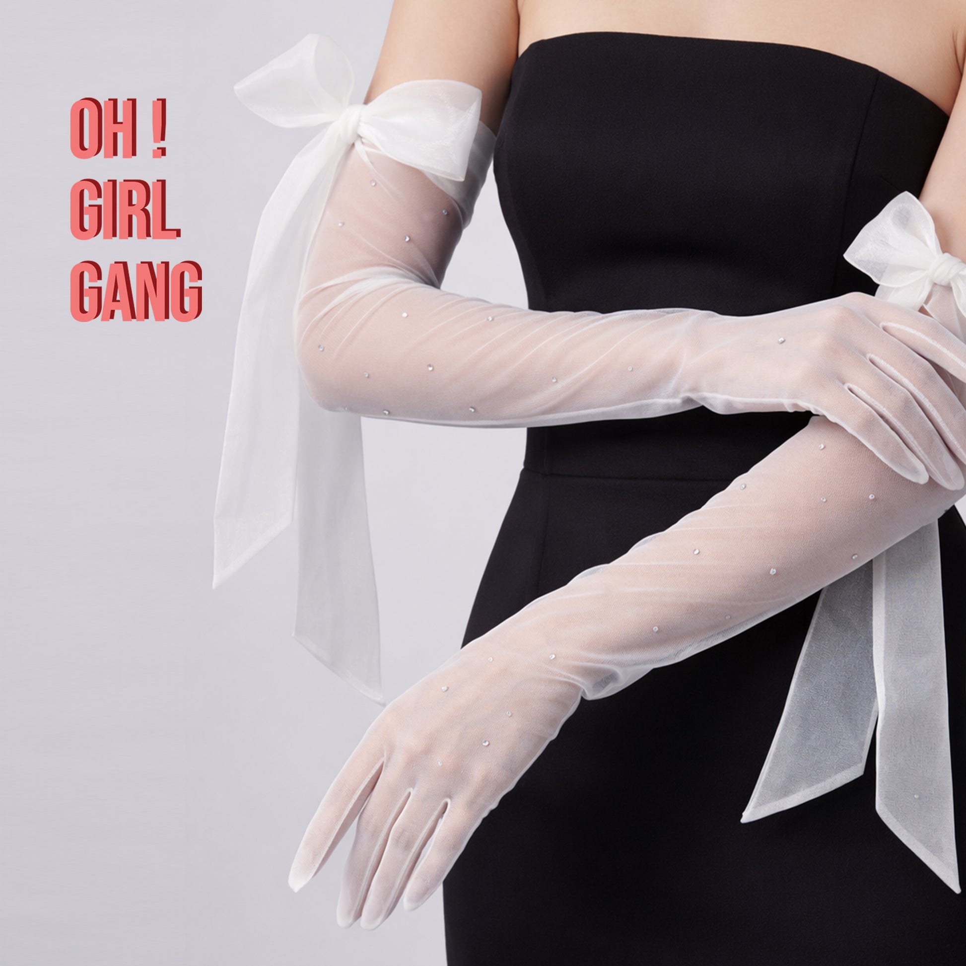 Bridal Sheer Opera Gloves with Crystal Details & Organza Bow – 66cm Long