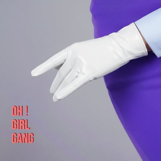 Shiny White Patient Leather Gloves, 21cm Long Faux Leather Gloves, White Opera Gloves PU leather, Drag, Stage, Festivals