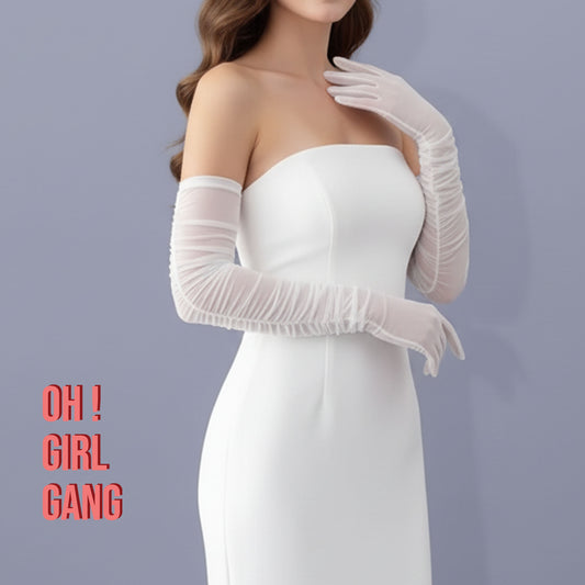 White Tulle Opera Gloves: Touchscreen Evening Gloves, Bridal, Prom, Party Costume, Bachelorette