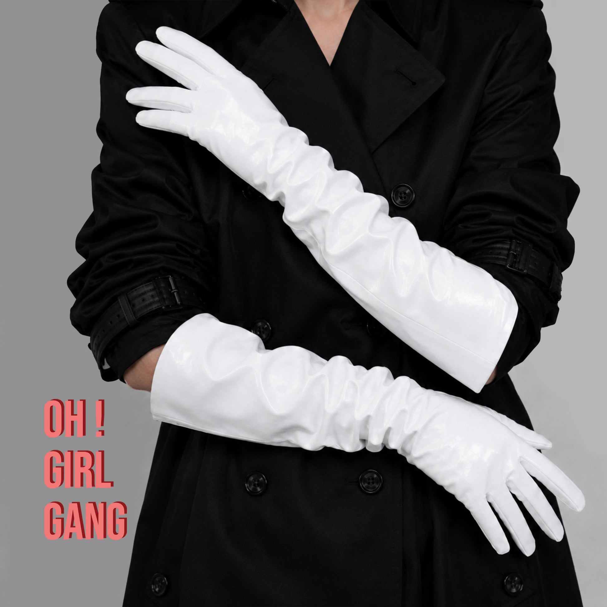 White Wide Sleeves Faux Leather Gloves. 50cm Long