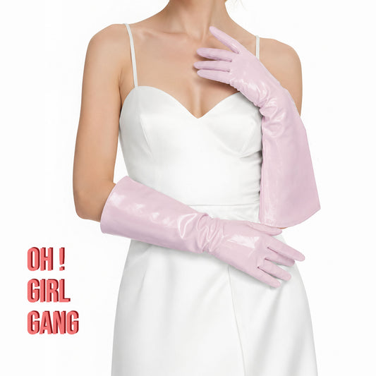 Pink Wide Sleeves Faux Leather Gloves. 50cm Long