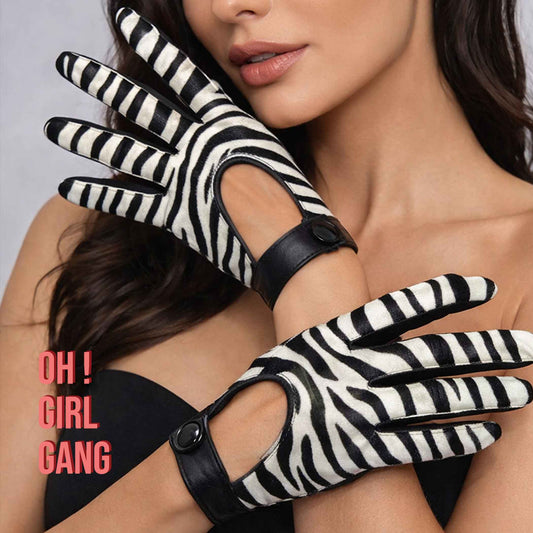 Zebra Print GENUINE LEATHER biker gloves with button