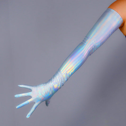 Mermaid Fish Scale Long Opera Gloves (holographic, muted rainbow),Ultra Thin Satiny Stretch Mermaid Costume, Rave, 70s Disco, dance drag performer, hen do outfits. Oh Girl Gang