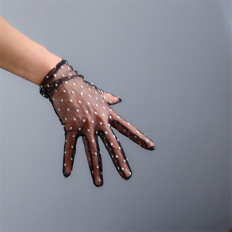Short Polka Dot Gloves, crocheted gloves, Short White Tulle Evening gown gloves with ruffles, Bridal wedding gloves,Tea party Gloves. Oh Girl Gang Gloves.