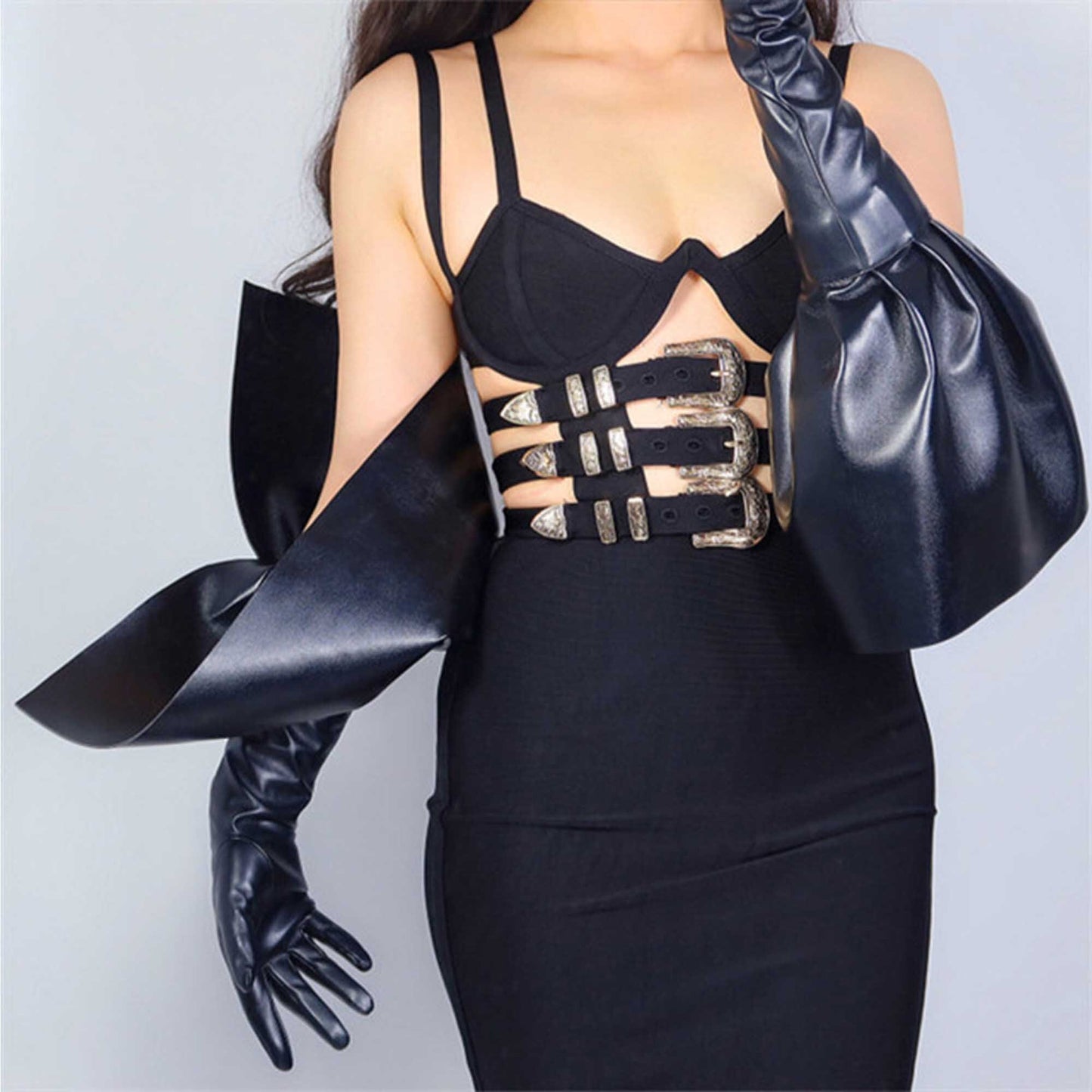 Hot leather gloves with ruffles, 70cm PU leather gloves for evening gown, party costume. Steampunk, raves gloves. Oh Girl Gang Gloves