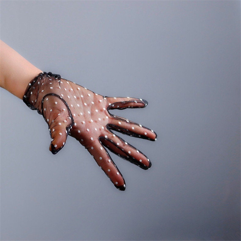 Short Polka Dot Gloves, crocheted gloves, Short White Tulle Evening gown gloves with ruffles, Bridal wedding gloves,Tea party Gloves. Oh Girl Gang Gloves.