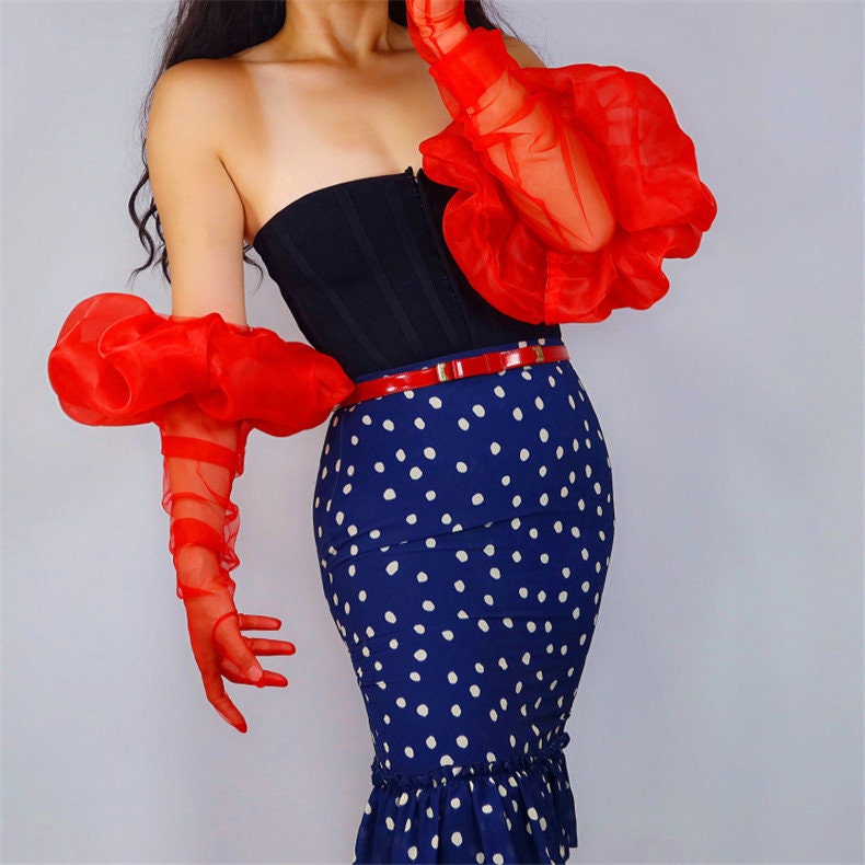 Red Lace Long Party Gloves with Puff Tulle (90cm)