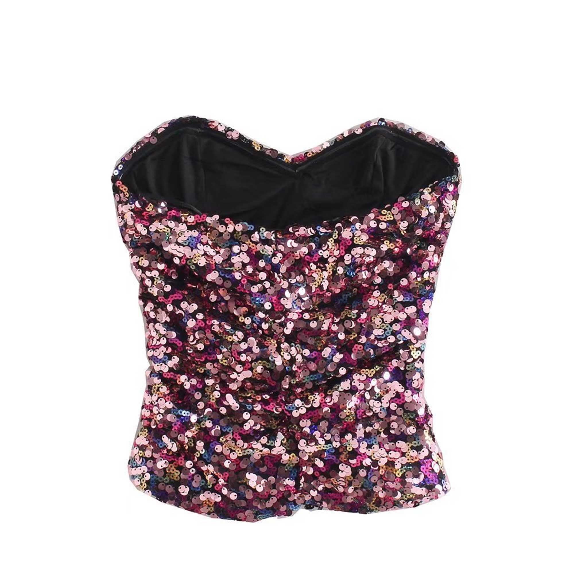 Multi-color Sequin Crop Top Corset, Pink Sequin Elastic Bustier