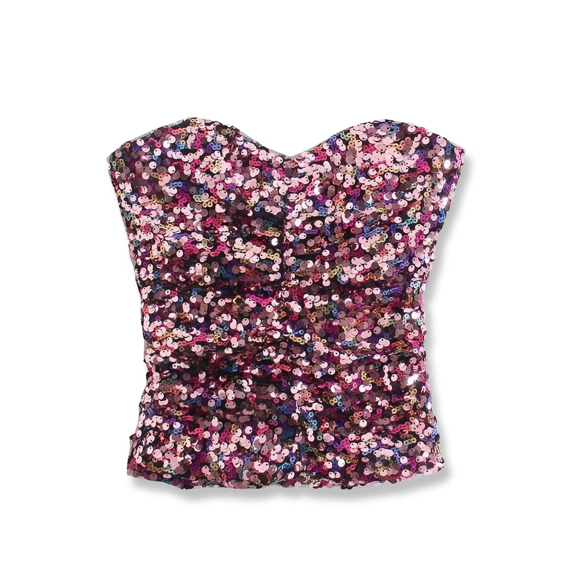 Multi-color Sequin Crop Top Corset, Pink Sequin Elastic