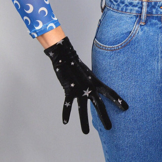 Black Opera Velvet Gloves with Silver Stars. Evening gloves, costume gloves:Oh Girl Gang Gloves