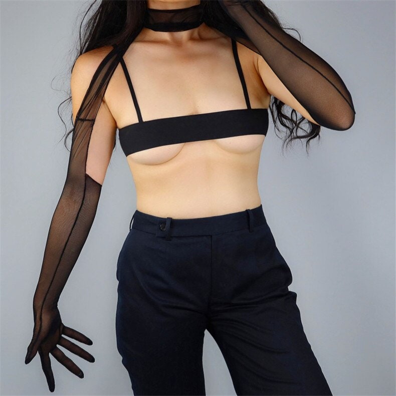 Tulle One-Piece Halter Gloves in Black, white, nude color | Mesh sexy elastic gloves, Raves party, steampunk Touch Screen party costume. Oh Girl Gang Gloves