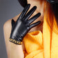 Burgundy Black genuine Leather short Gloves with gold chain Fine quality touch screen leather gloves (16cm), Party costume, evening gloves. Oh Girl Gang Gloves