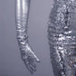 Silver bright Opera leather Gloves, Elbow length 70cm, 60cm, Steampunk, Raves Party costume, Festival Party, Cyber Futuristic fashion gloves. Oh Girl Gang Gloves