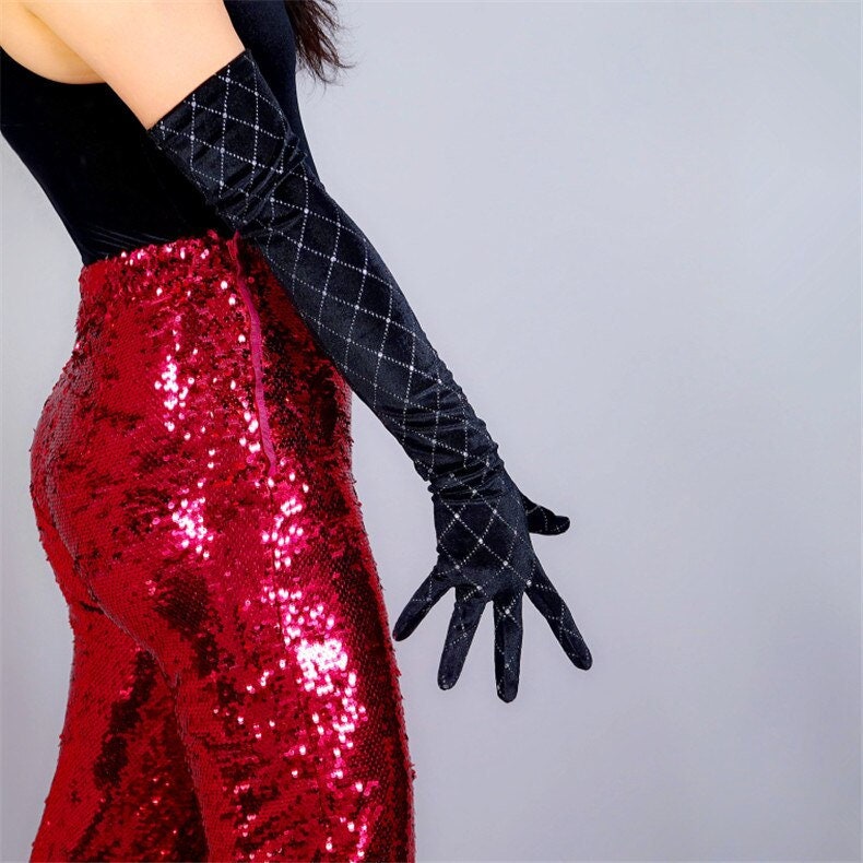 Black Diamond Pattern Opera Gloves, Black Velvet Gloves (60cm