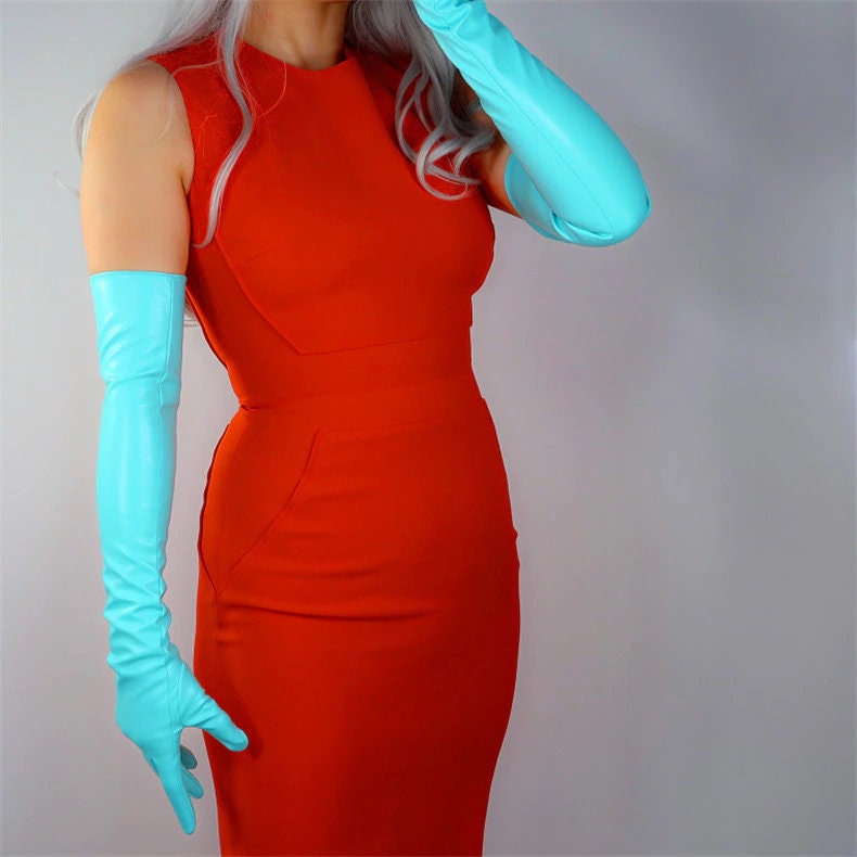 Bright Blue Opera leather Gloves, Elbow length extra long, Evening Gown Gloves. Party costume, Tea Party, Cyber Futuristic fashion gloves. Oh Girl Gang Gloves.