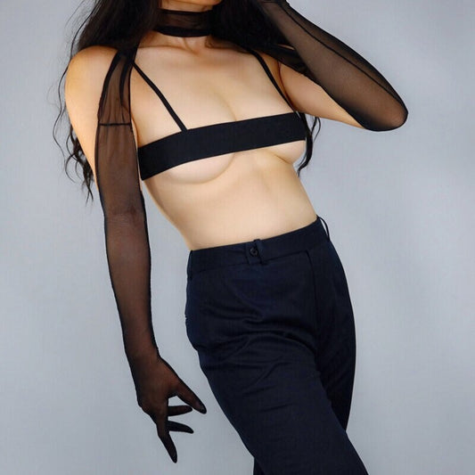 Tulle One-Piece Halter Gloves in Black, white, nude color | Mesh sexy elastic gloves, Raves party, steampunk Touch Screen party costume. Oh Girl Gang Gloves